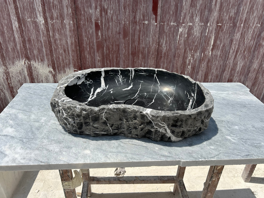 Chiseled Black Marble Vessel Sink Amorphous Formed Nero Marquina Sink ...
