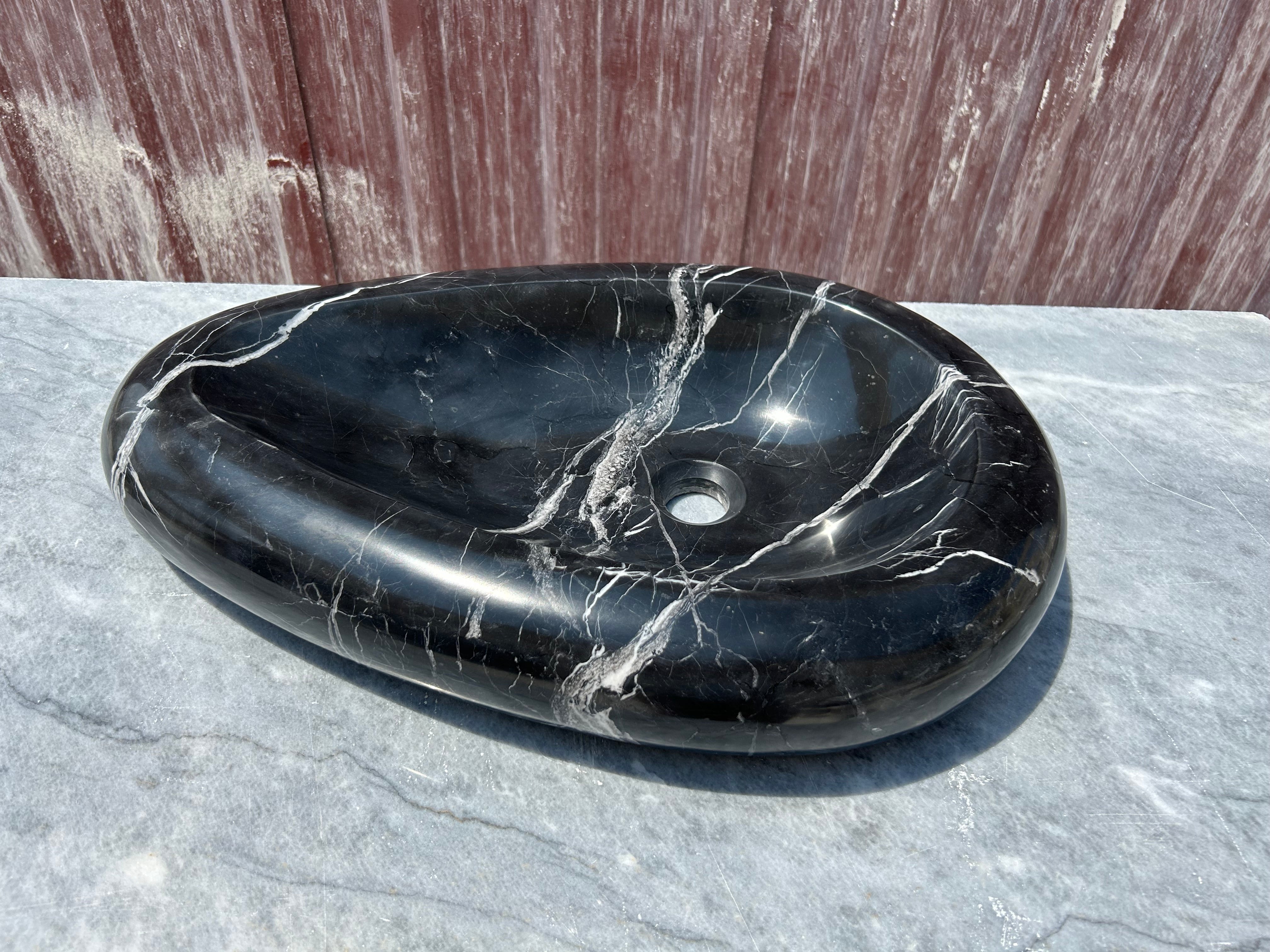 Black Marble Vessel Sink for Bathroom Vanity Top, Egg Formed Nero Marquina Marble Sink