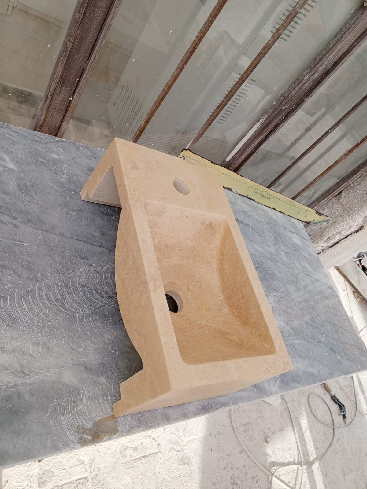 Corner Wall Small Bathroom Sink, Travertine Marble Sink, Beige Stone Sink with Faucet Hole
