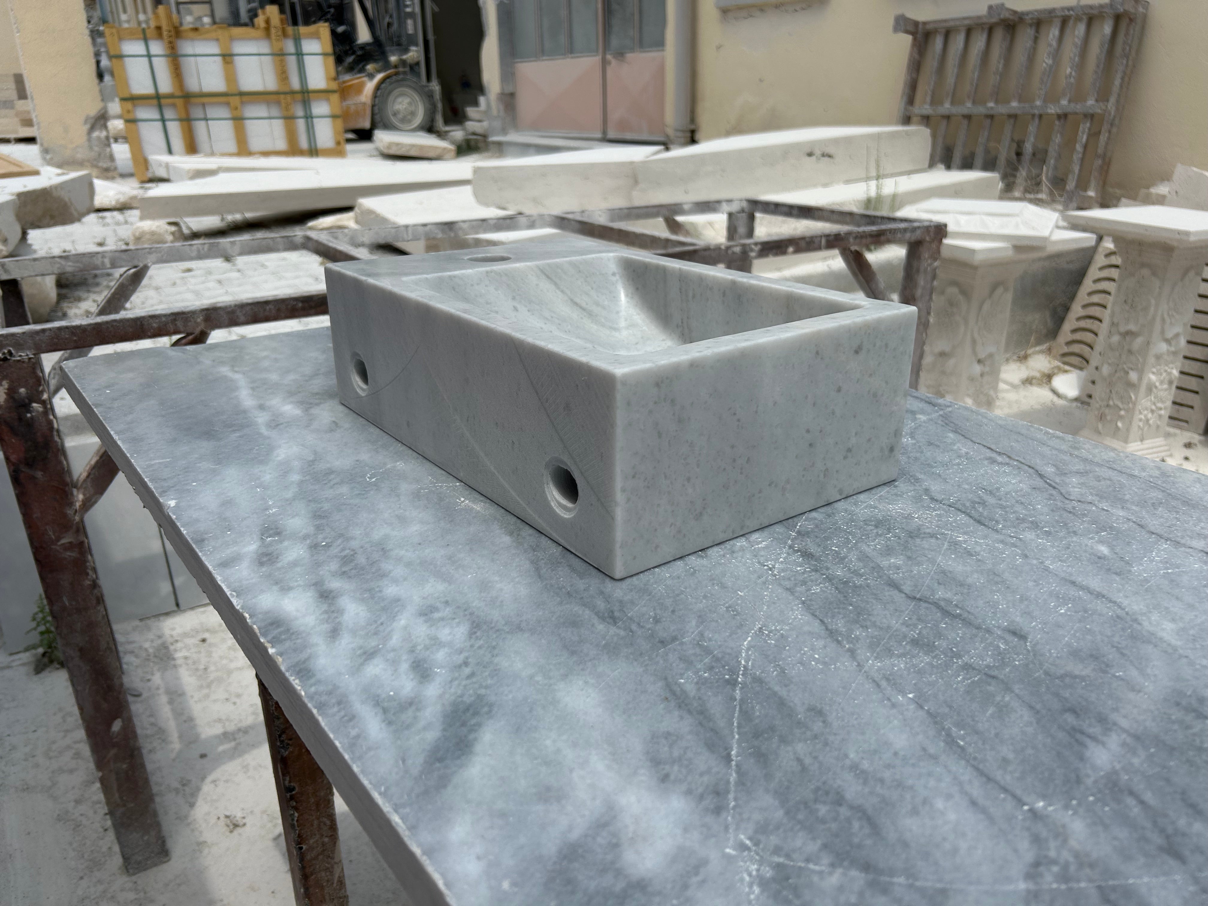 Corner Wall Small Bathroom Sink, White Marble Sink, Carrara Stone Sink with Faucet Hole