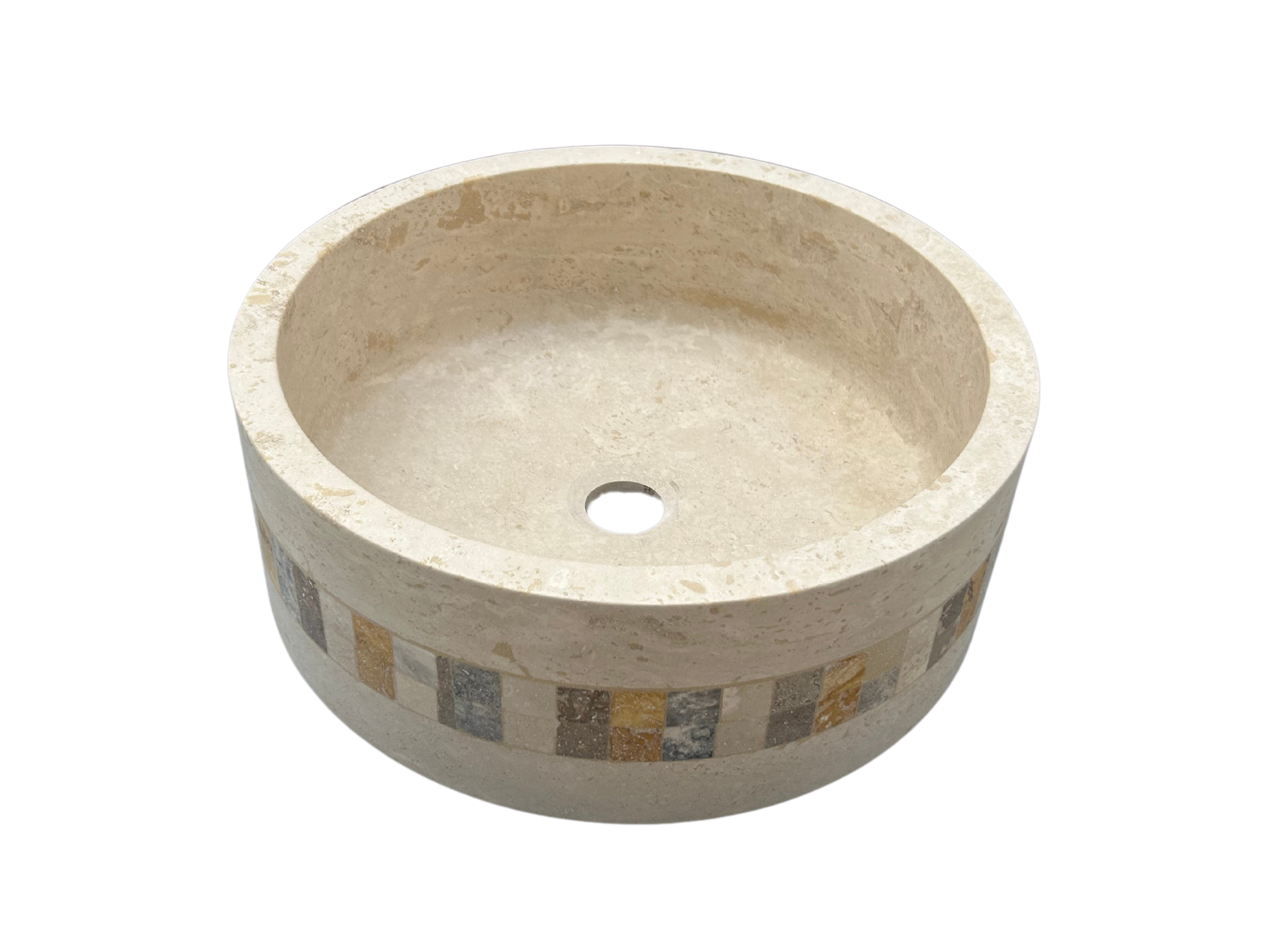 Travertine Round Sink, Mosaic Embed Vessel Sink, Farmhouse Sink, Marble Washbasin, Bathroom Vanity Top