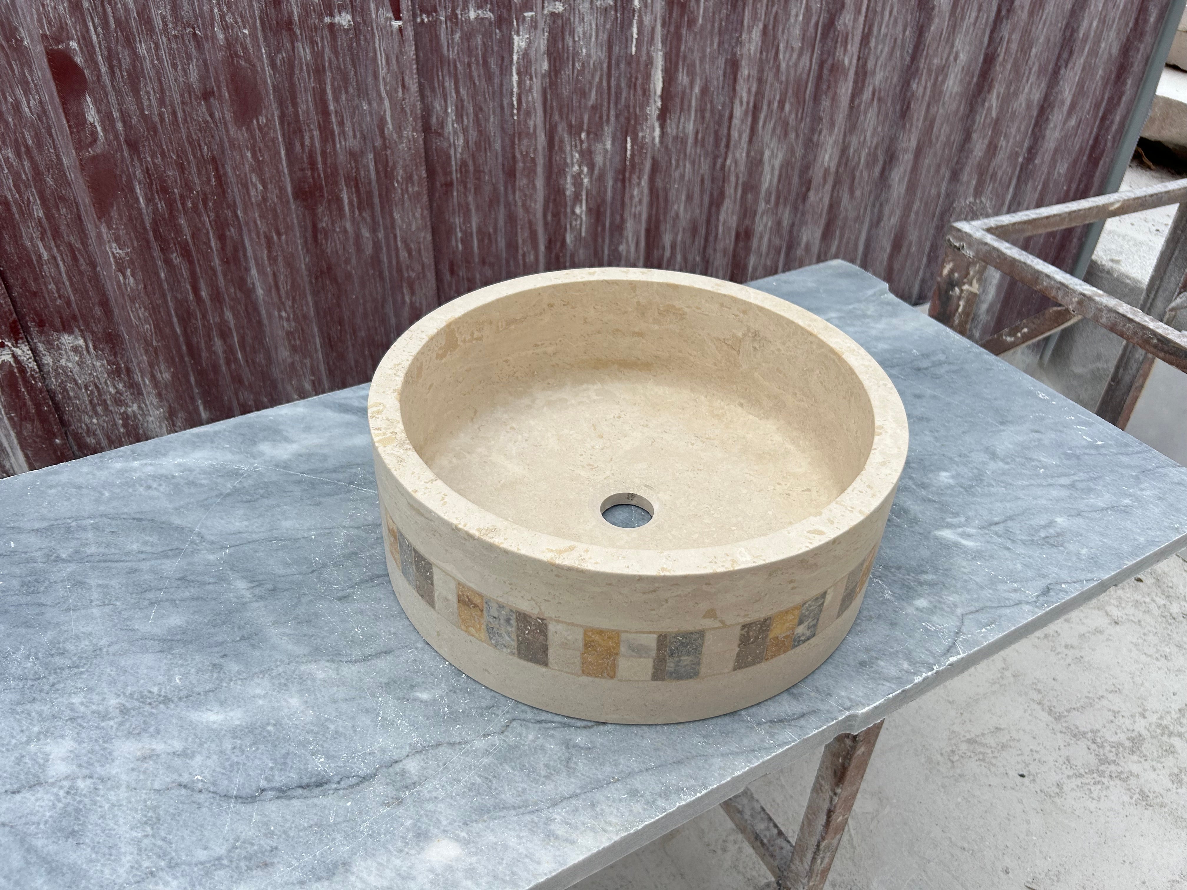 Travertine Round Sink, Mosaic Embed Vessel Sink, Farmhouse Sink, Marble Washbasin, Bathroom Vanity Top