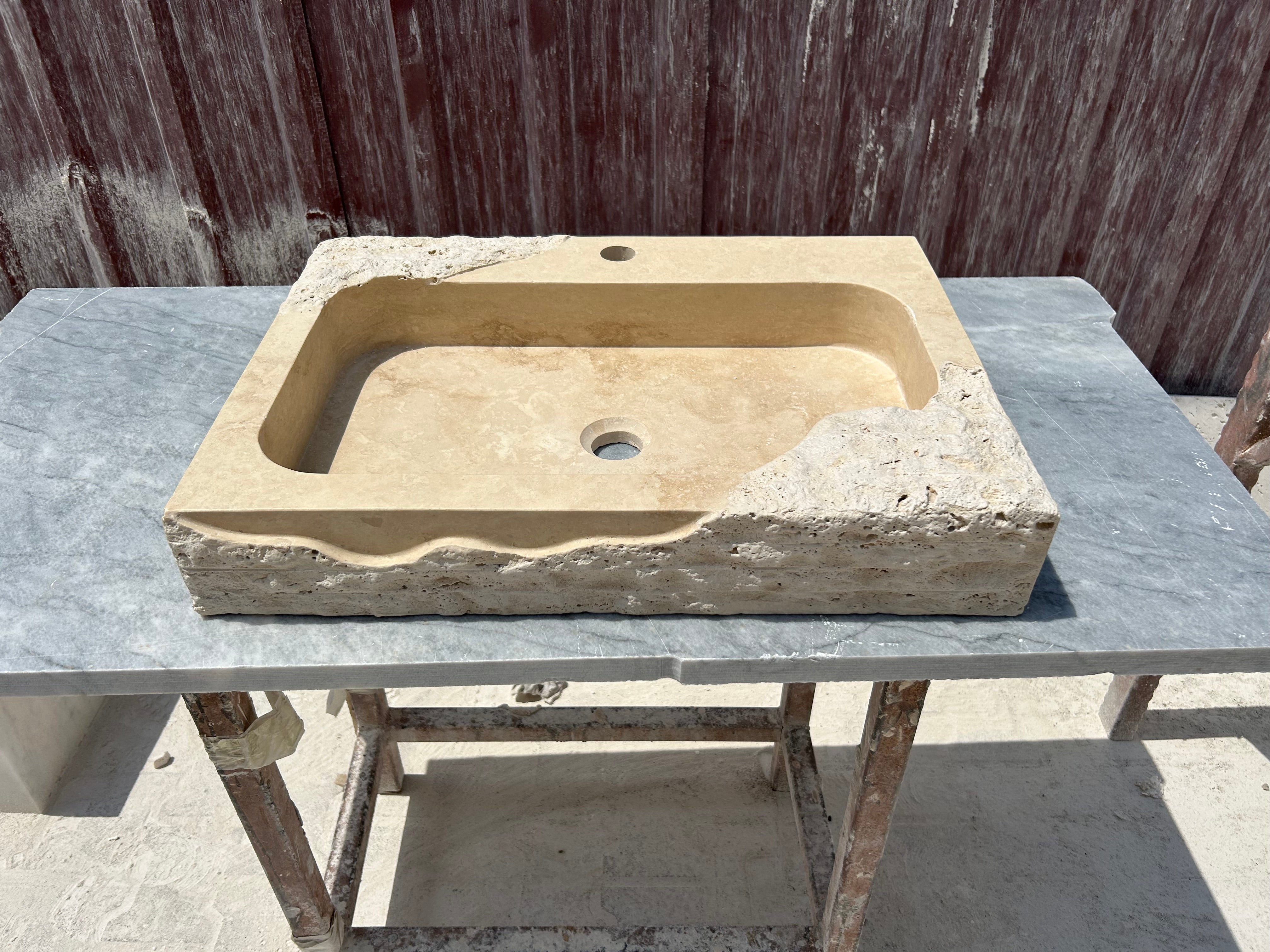 Partial Rough Travertine Marble Sink, Chiseled Stone Wall Mount Sink with Faucet Hole, Vanity Top Sink