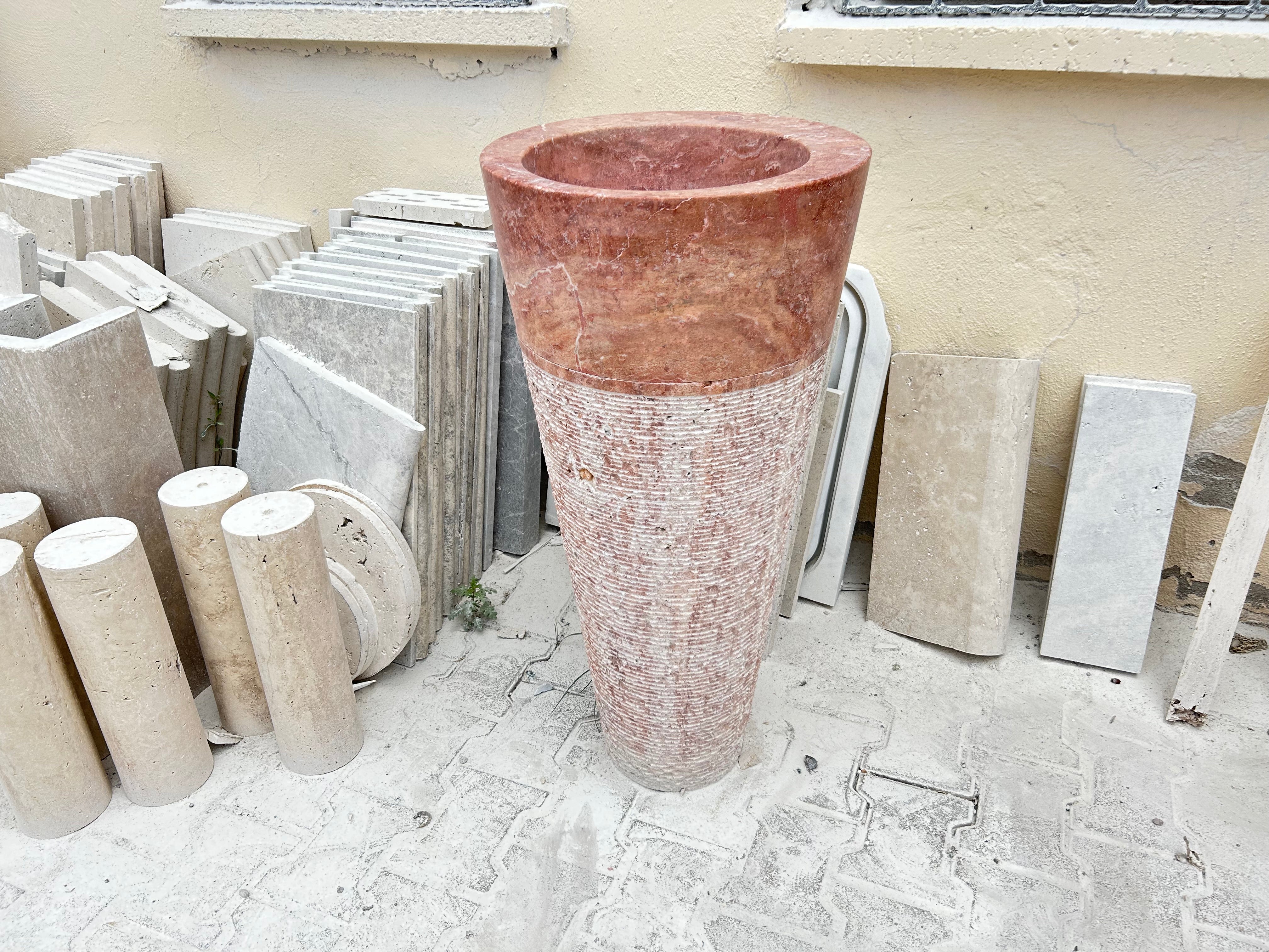 Red Travertine Pedestal Sink Rustic Design, Powder Room Free Standing Sink for Farmhouse Bathroom